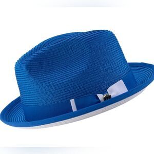 MONTIQUE MEN'S COBALT/WHITE BOTTOM BRAIDED STINGY BRIM PINCH FEDORA HAT. H-78